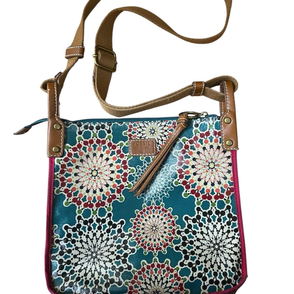 Fossil Blue and Tan Crossbody Bag with Adjustable Strap